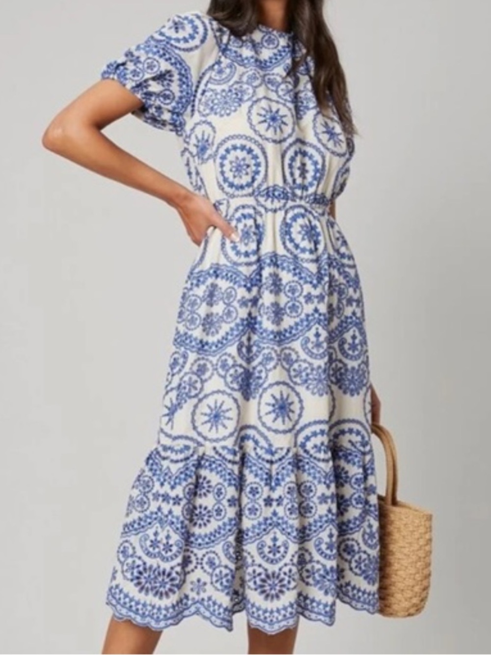 MOTF  Blue MIDI Dress Blue and White‎ Embroidered Modest Size Large